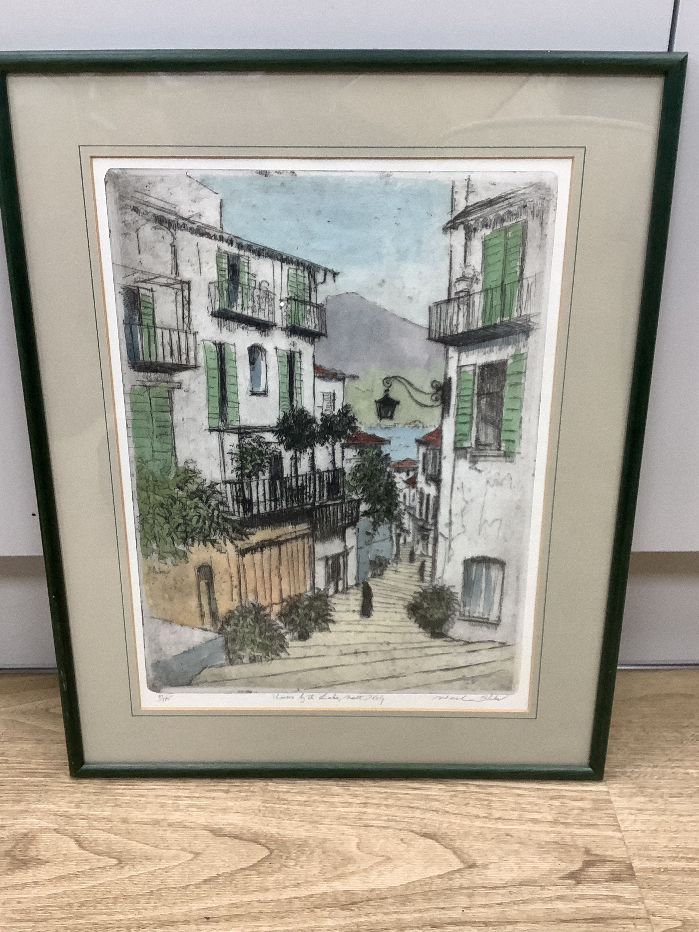 After Michael Blaker (1928-2018), five coloured etchings, including Brighton, Venice and Northern Italy